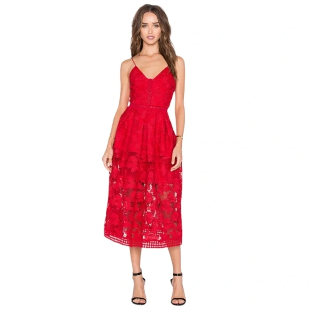 Nicholas Red Roleau Ball Pleated Lace Dress Small - Picture 2 of 10